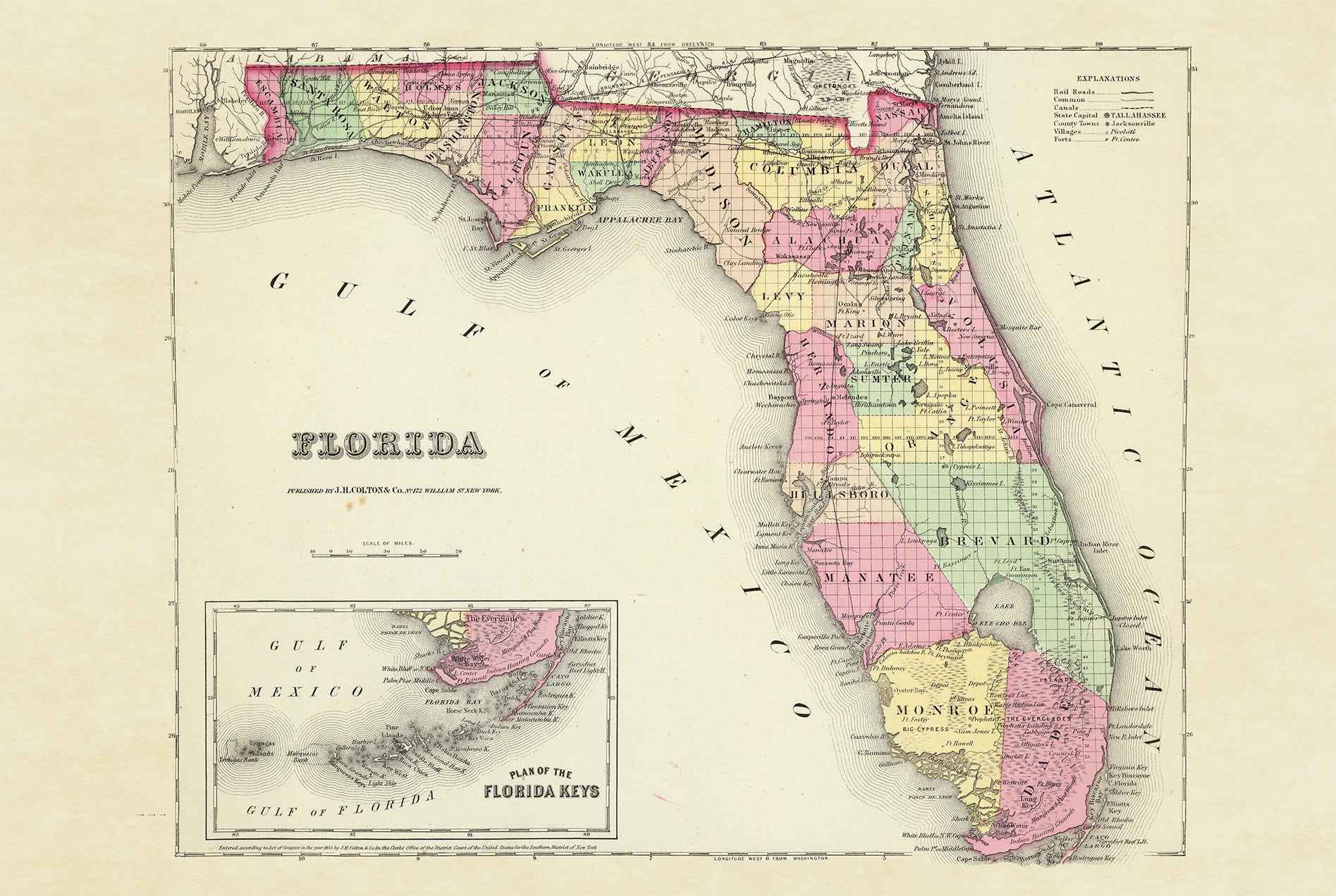 1856 Florida Map Poster - Hand-Colored County Map with Detailed Boundaries - Strategy Maps